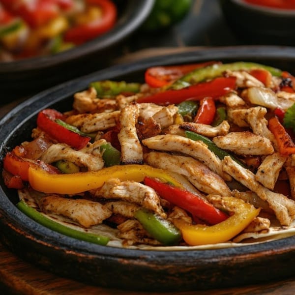 Sizzling chicken fajitas with colorful bell peppers and onions in a black skillet.