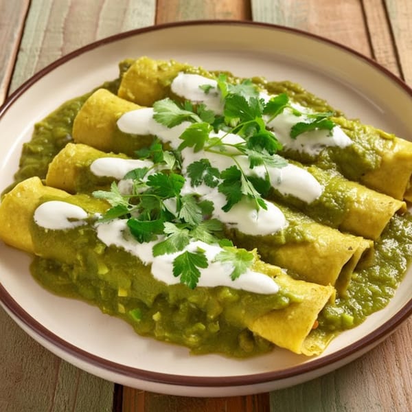 El Tequila's green enchiladas, topped with sour cream and fresh cilantro, on a rustic wooden table.